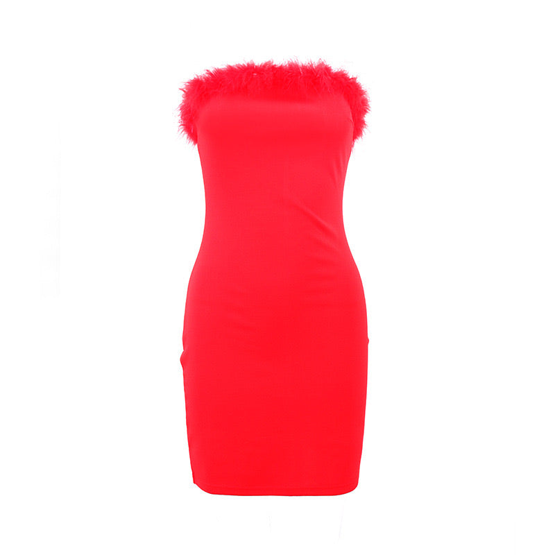 Fur Detail Tube Dress